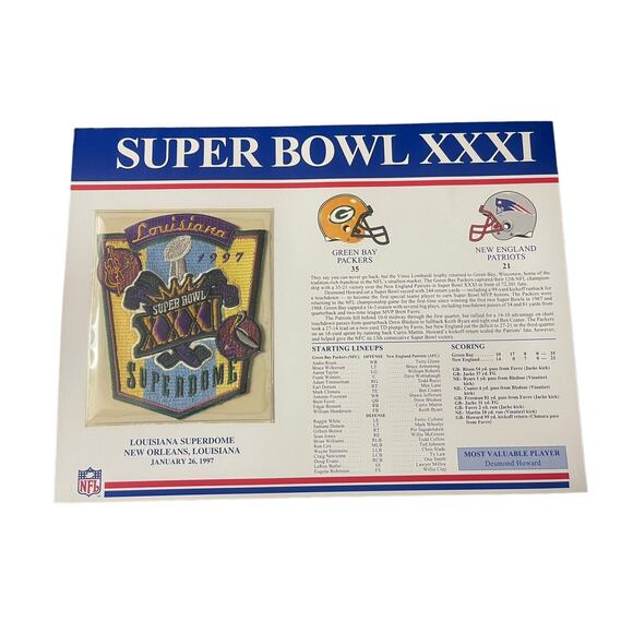 SUPER BOWL XXXI Packers vs Patriots 1997 OFFICIAL SB NFL PATCH Card - Picture 1 of 3